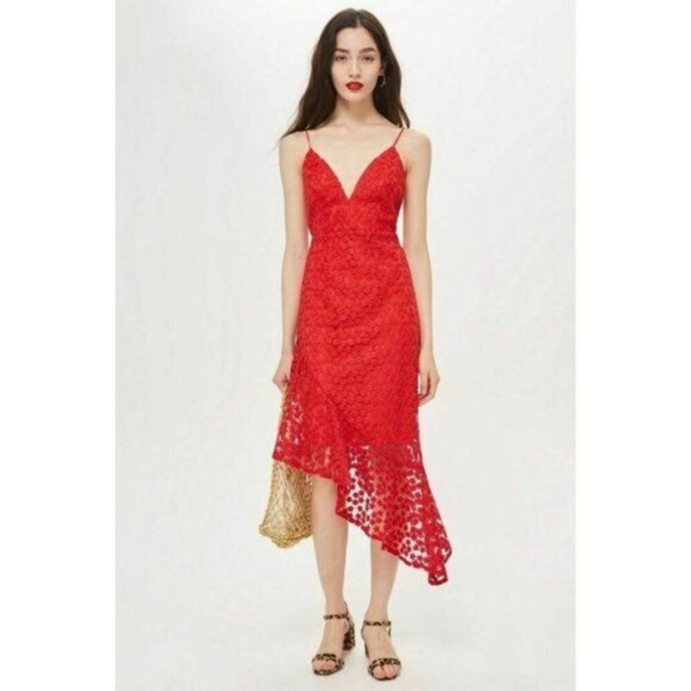 TOPSHOP Cocktail Dress Red Lace Embroidery Midi Plunging Asymmetrical SZ 10 NEW